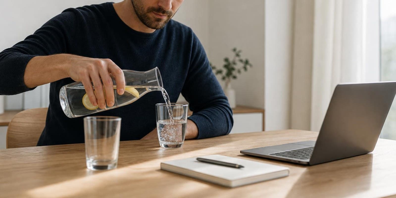 Mann fuellt sich am Schreibtisch ein Glas Wasser aus einer Karaffe nach.