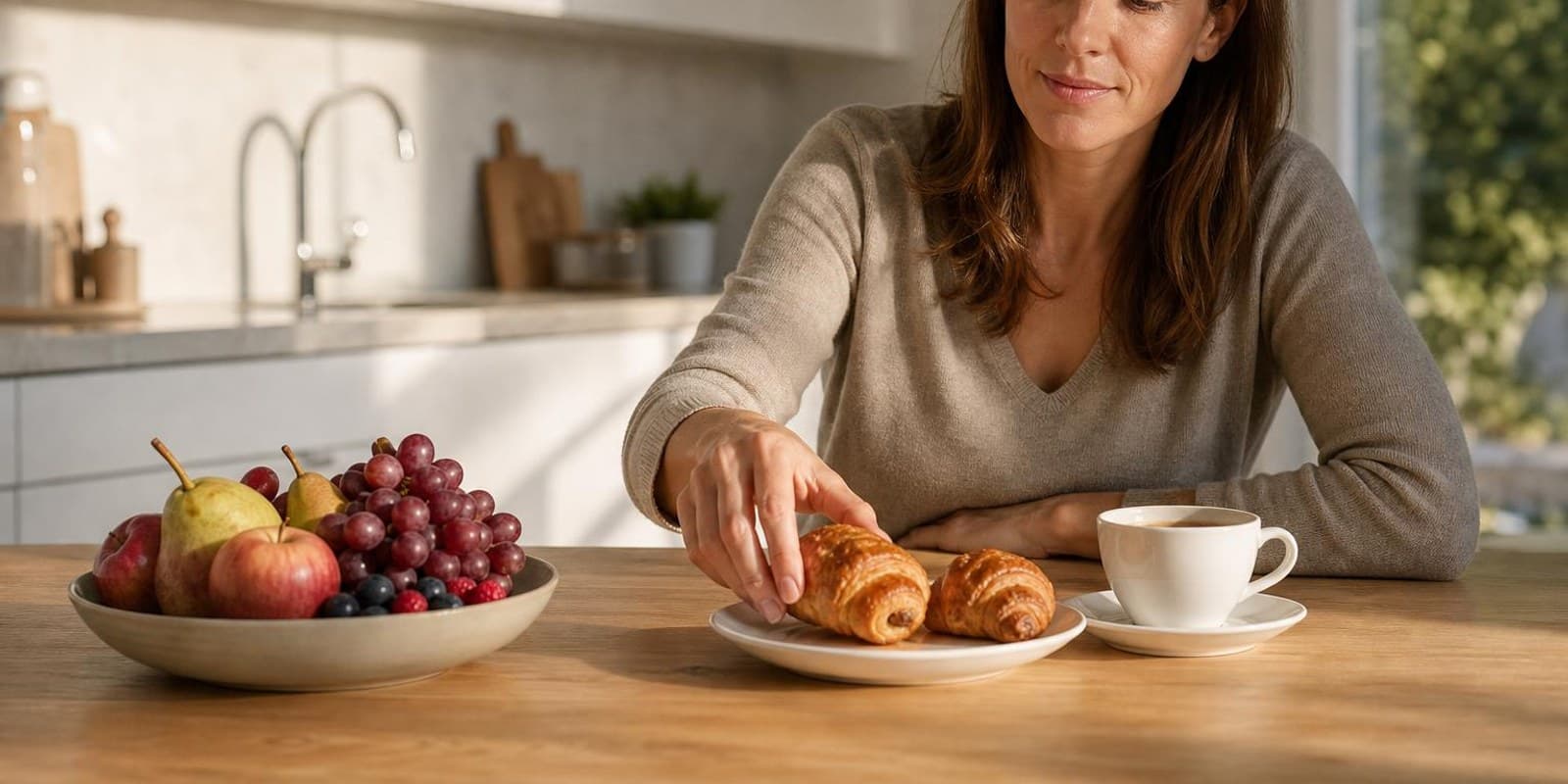 Frau greift am Tisch entspannt zu einem Gebaeckstueck neben einer Schale Obst.