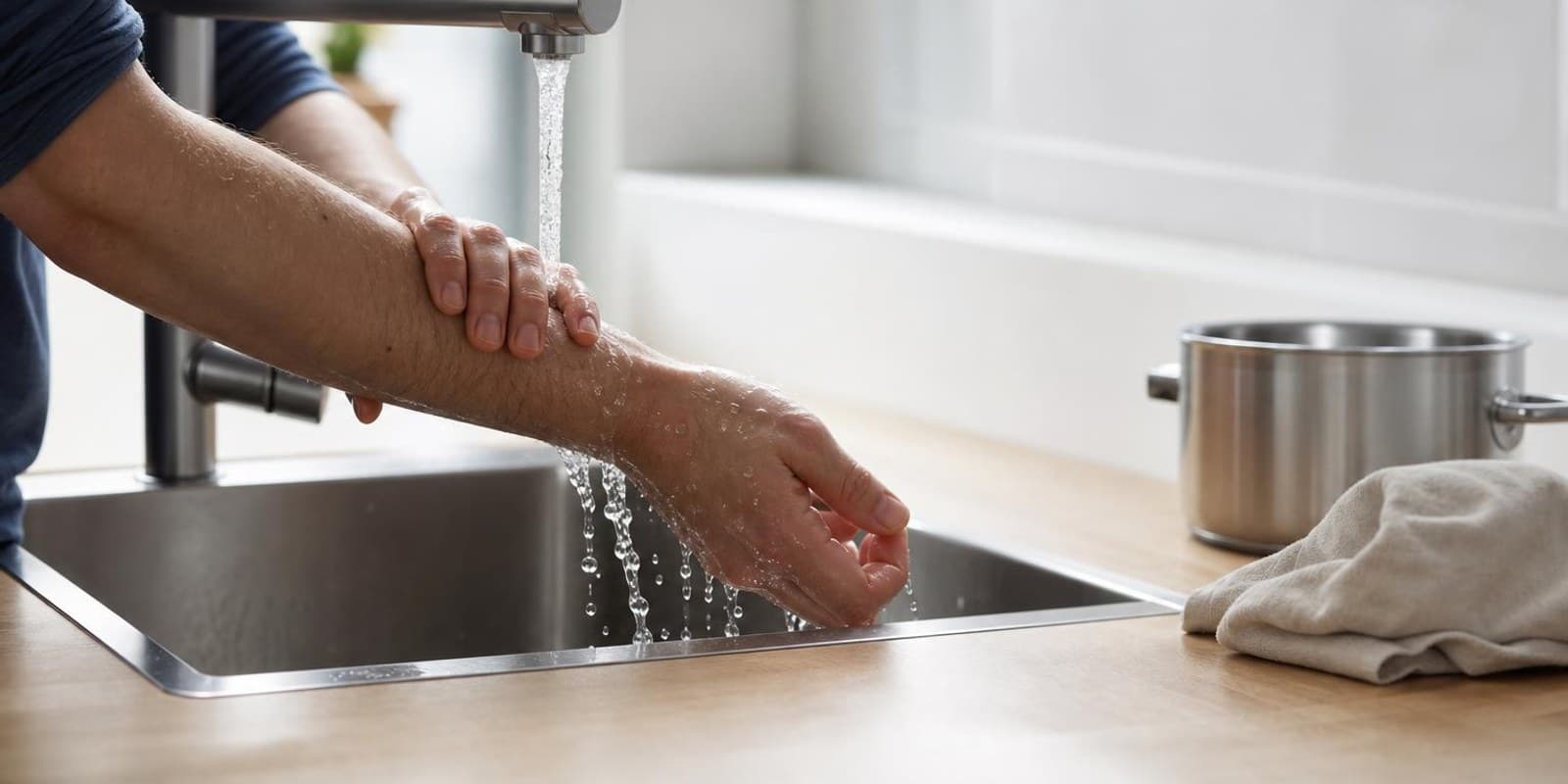 Hand wird nach einer Verbrennung unter fliessendem kuehlem Wasser gekuehlt.