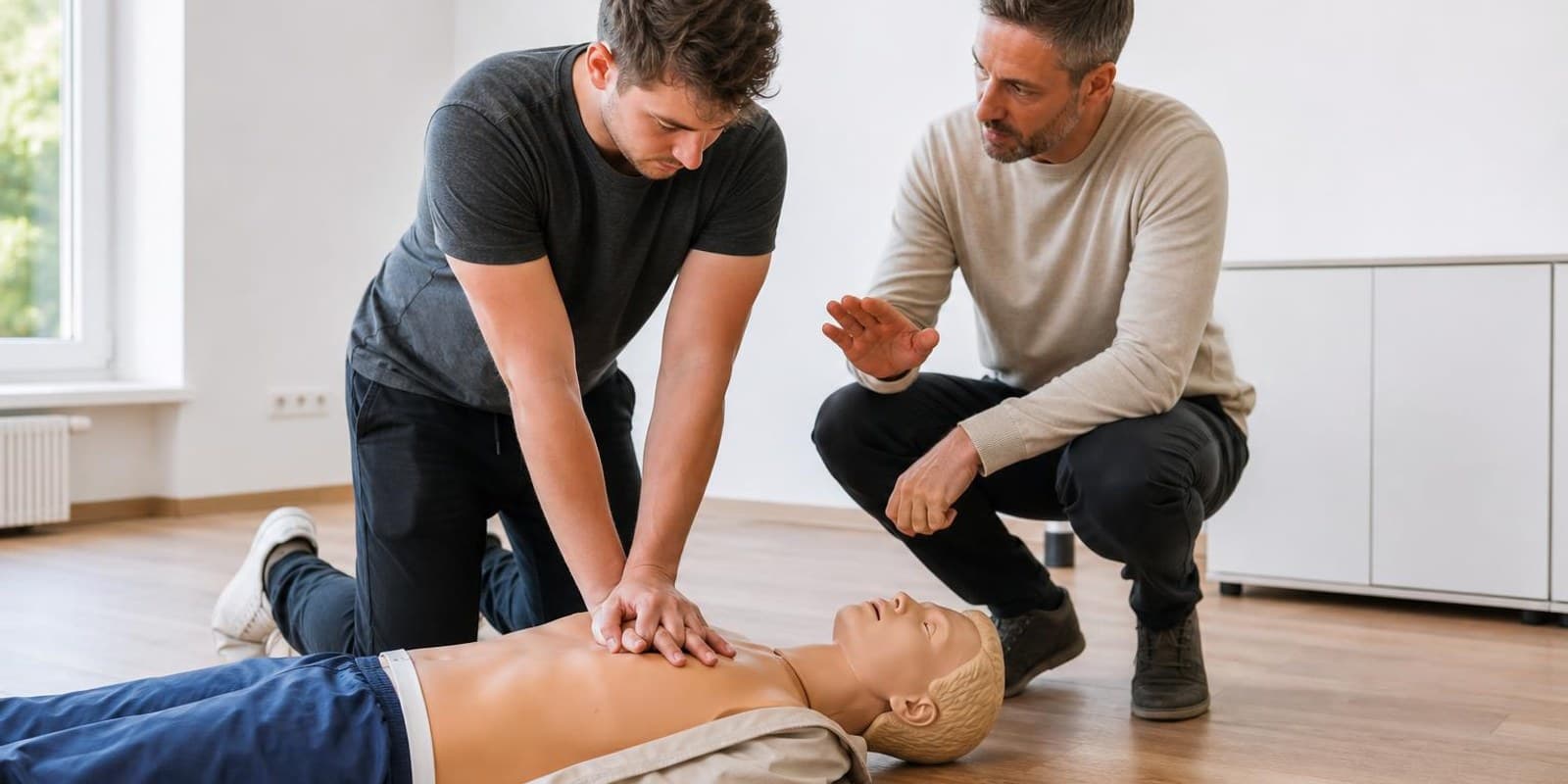 Mann uebt im Kurs die Herzdruckmassage an einer Uebungspuppe.