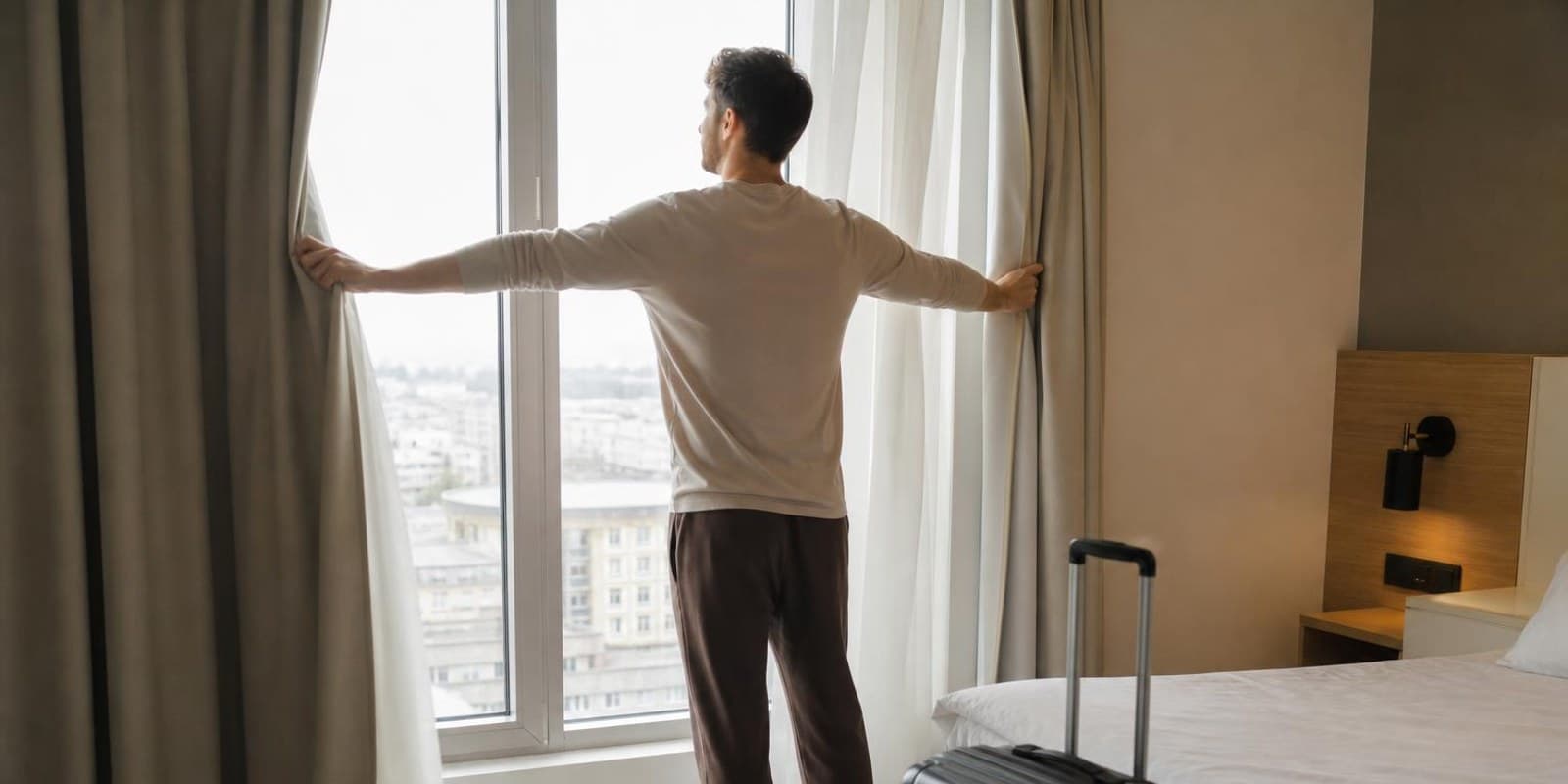 Reisender oeffnet am Morgen die Vorhaenge seines Hotelzimmers fuer das Tageslicht.