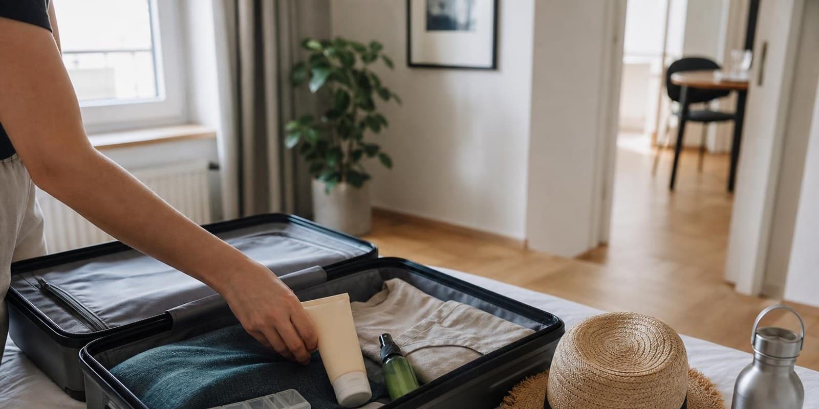 Reiseapotheke, Sonnencreme und Hut werden neben einem offenen Koffer gepackt.