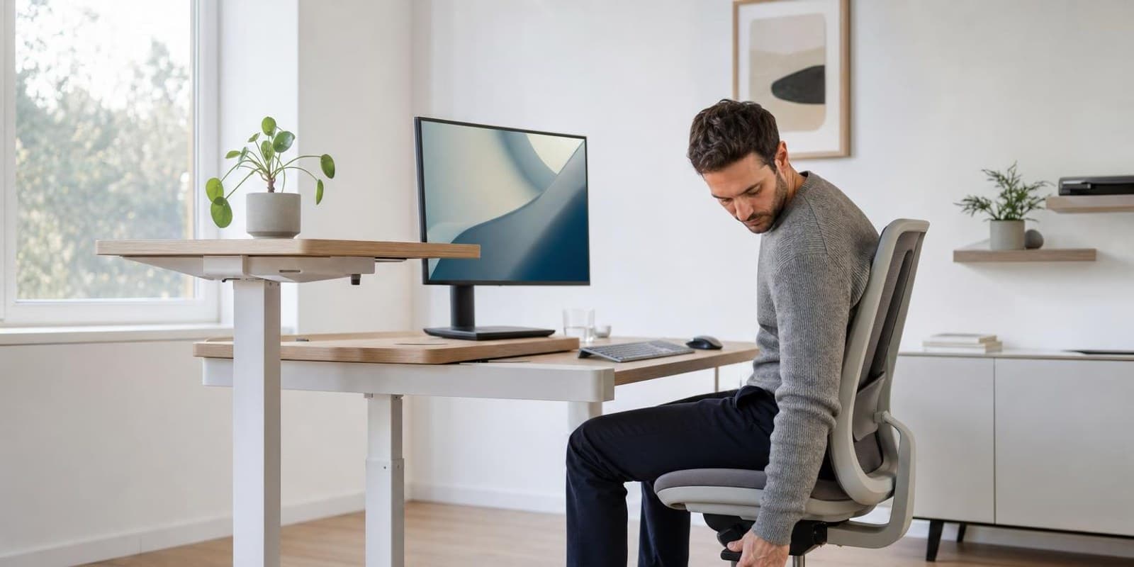 Ein Mann stellt seinen Buerostuhl an einem ergonomisch eingerichteten Schreibtisch ein.