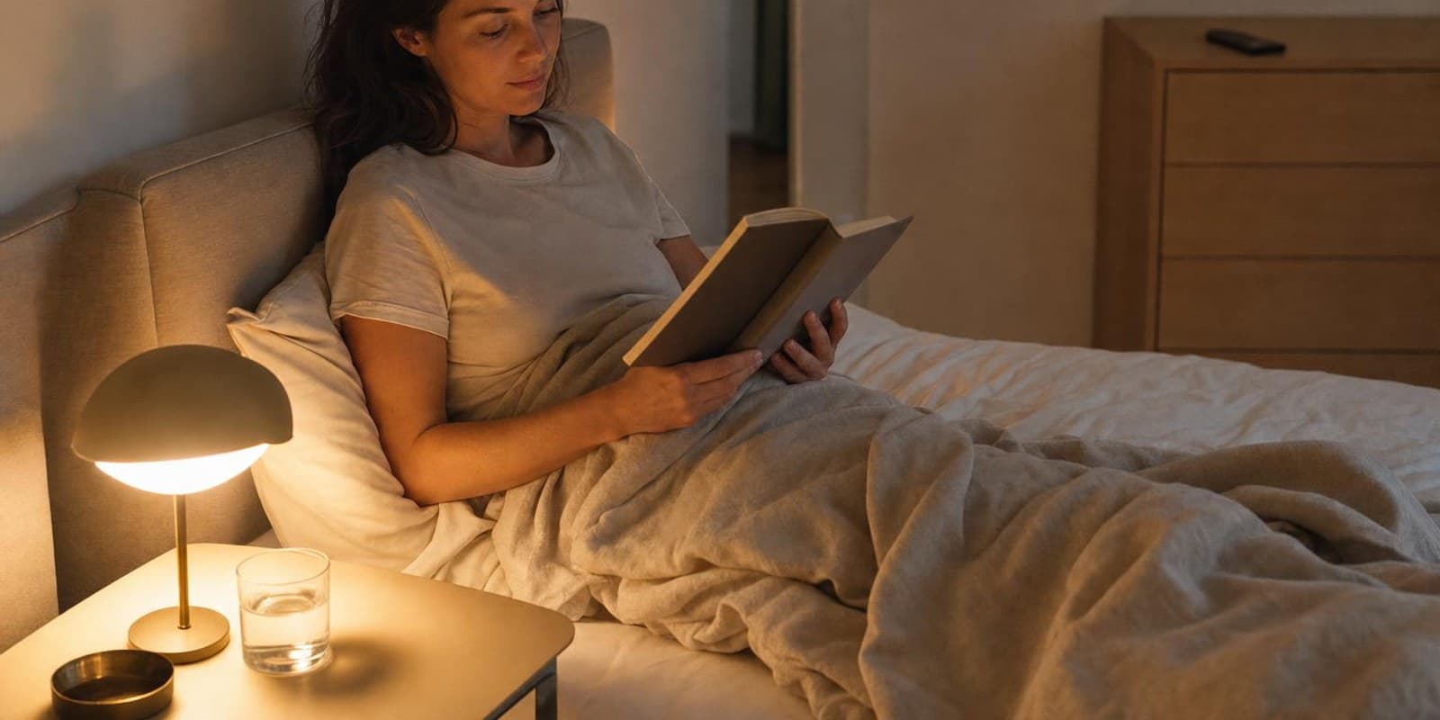 Eine Frau liest abends im Bett ein Buch im warmen Licht der Nachttischlampe, das Handy liegt entfernt auf der Kommode.
