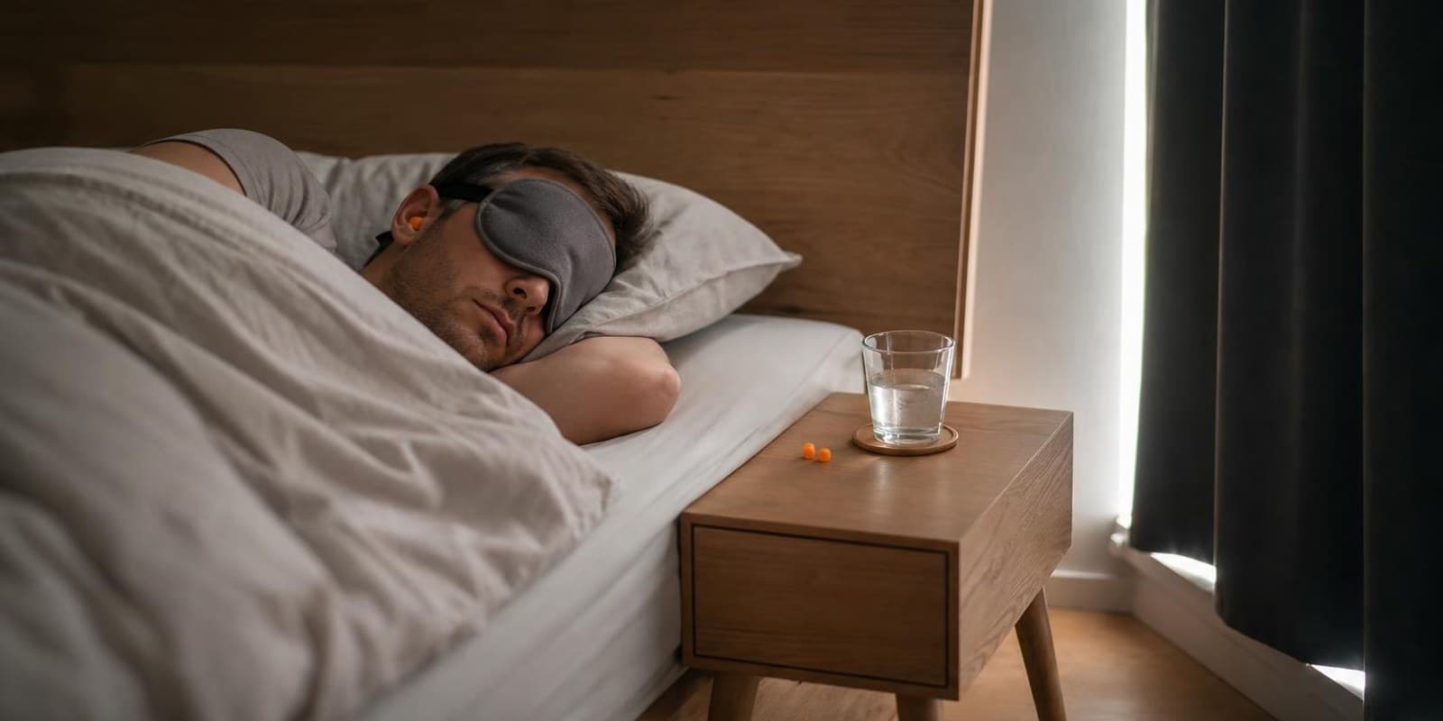 Abgedunkeltes Schlafzimmer am Tag, eine Person schlaeft mit Schlafmaske, daneben liegen Ohrstoepsel.