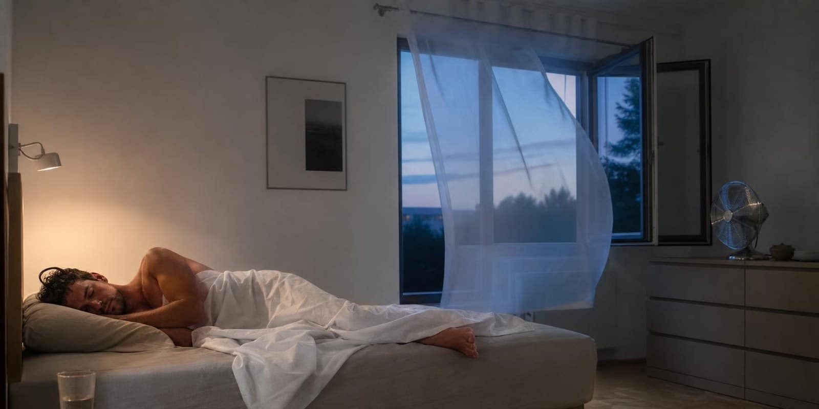 Mann schlaeft in einer heissen Sommernacht unter duennem Laken bei offenem Fenster und laufendem Ventilator.
