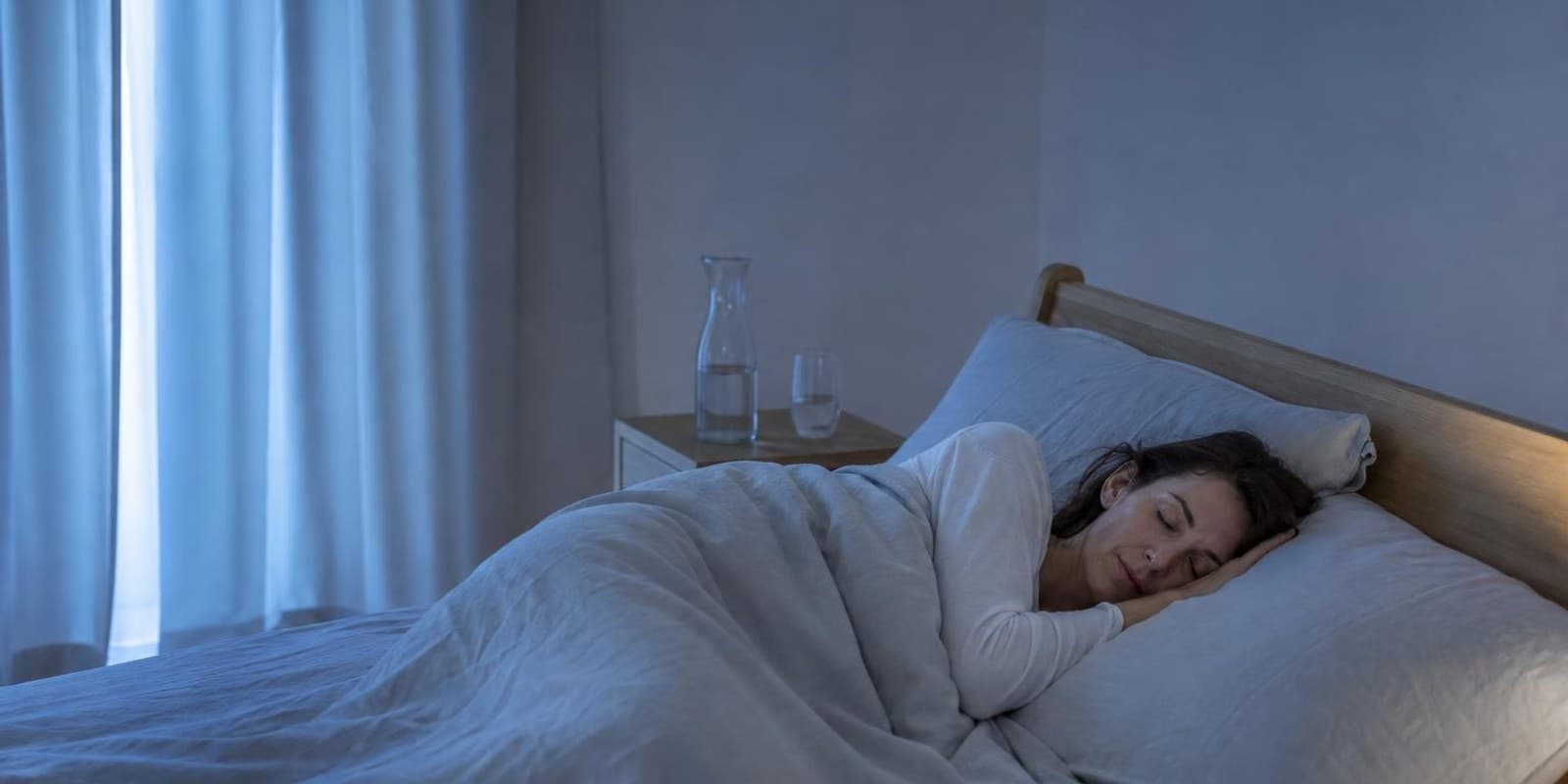 Person schlaeft tief und entspannt im blauen Licht der fruehen Morgenstunden.