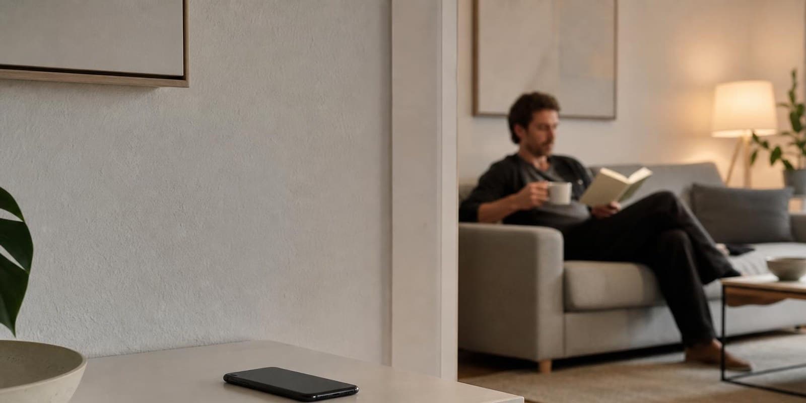 Smartphone liegt abgelegt im Flur, waehrend im Wohnzimmer entspannt gelesen wird.