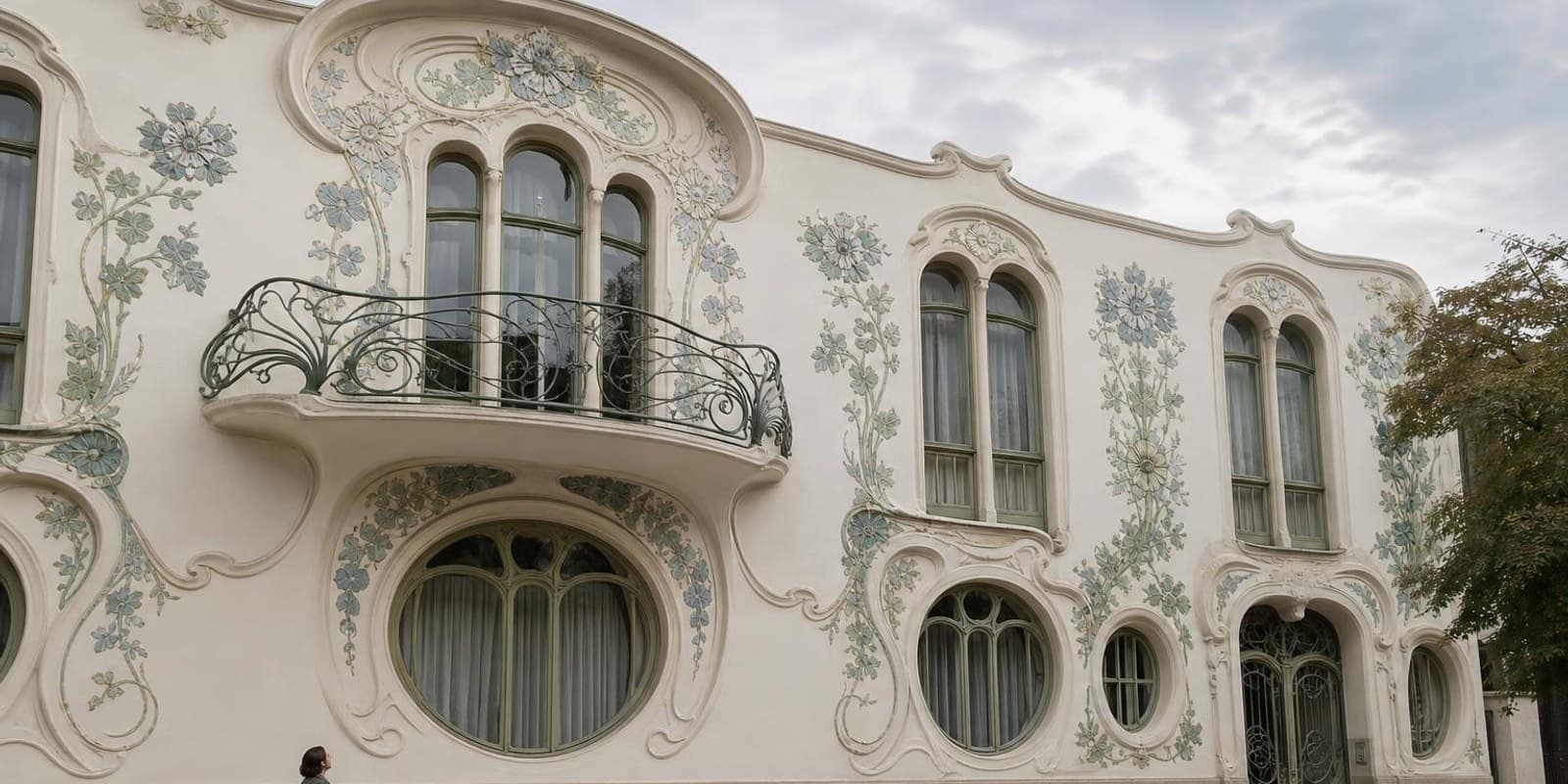 Aquarell: Jugendstilfassade mit geschwungenen Fenstern und Blumenornamenten, ein Passant blickt hinauf.