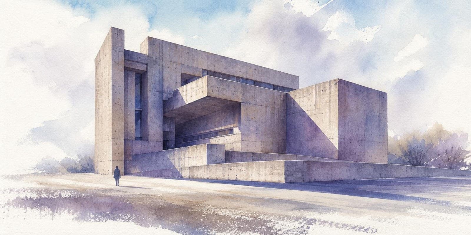 Aquarell: markanter Sichtbetonbau mit strengen geometrischen Formen im Abendlicht.