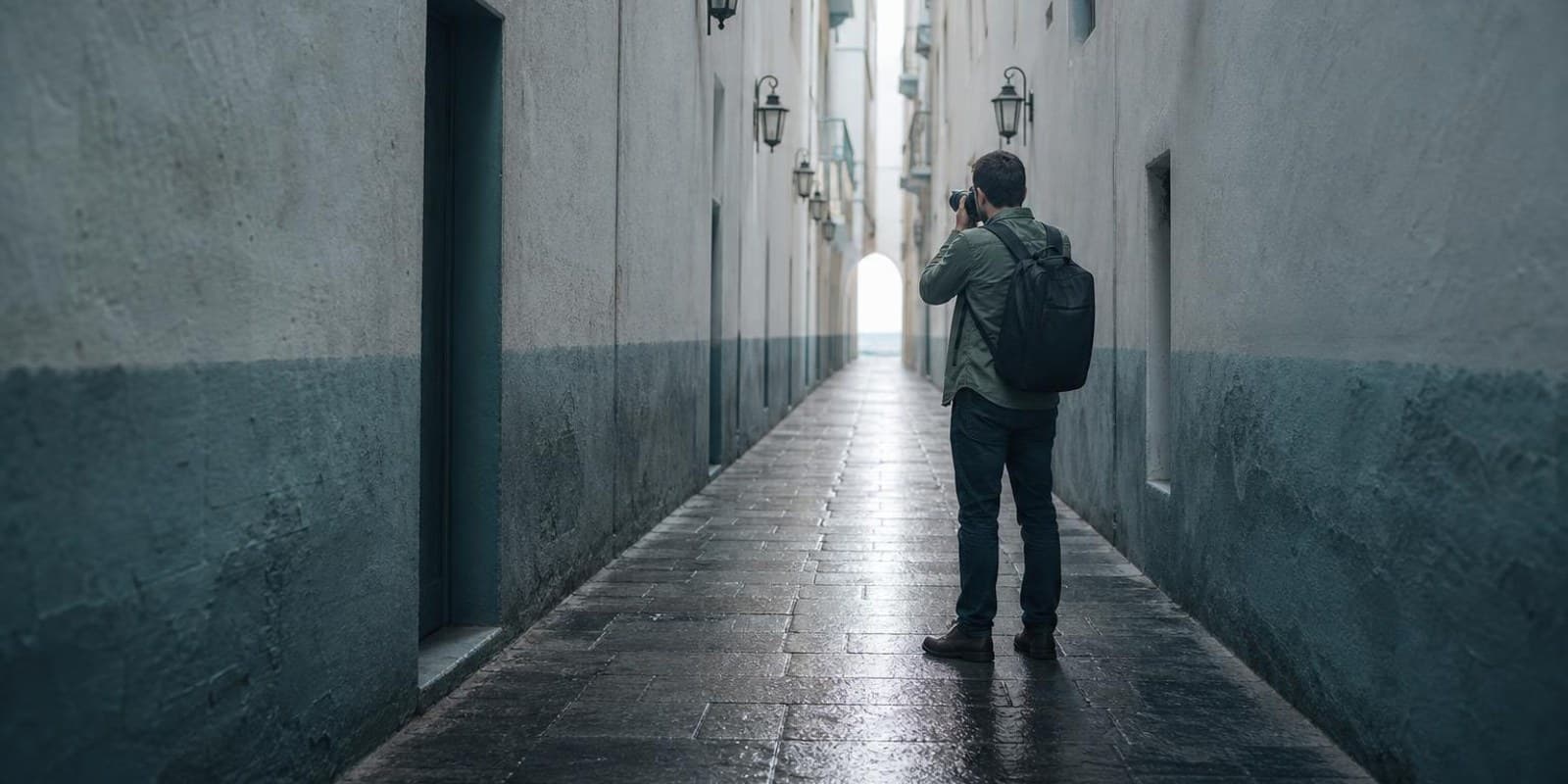 Aquarell: Fotografin steht klein am Bildrand einer Gasse mit starken Fluchtlinien.