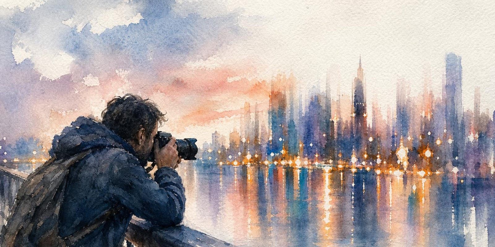 Aquarell: Fotograf stuetzt seine Kamera auf ein Gelaender, die Lichter der Stadt verwischen hinter ihm.