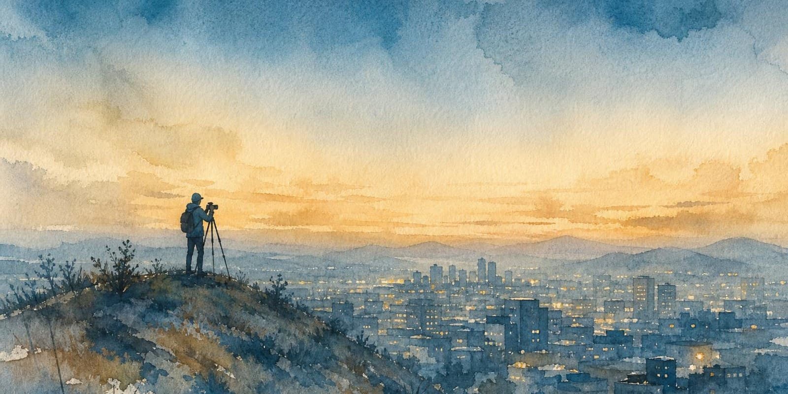Aquarell: Fotografin mit Stativ ueber der Stadt, der Himmel wechselt von goldenem Licht in tiefes Blau.