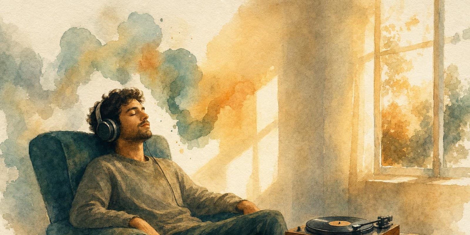 Aquarell: Ein Mann hoert mit geschlossenen Augen und grossen Kopfhoerern Musik im Sessel, daneben ein Plattenspieler.
