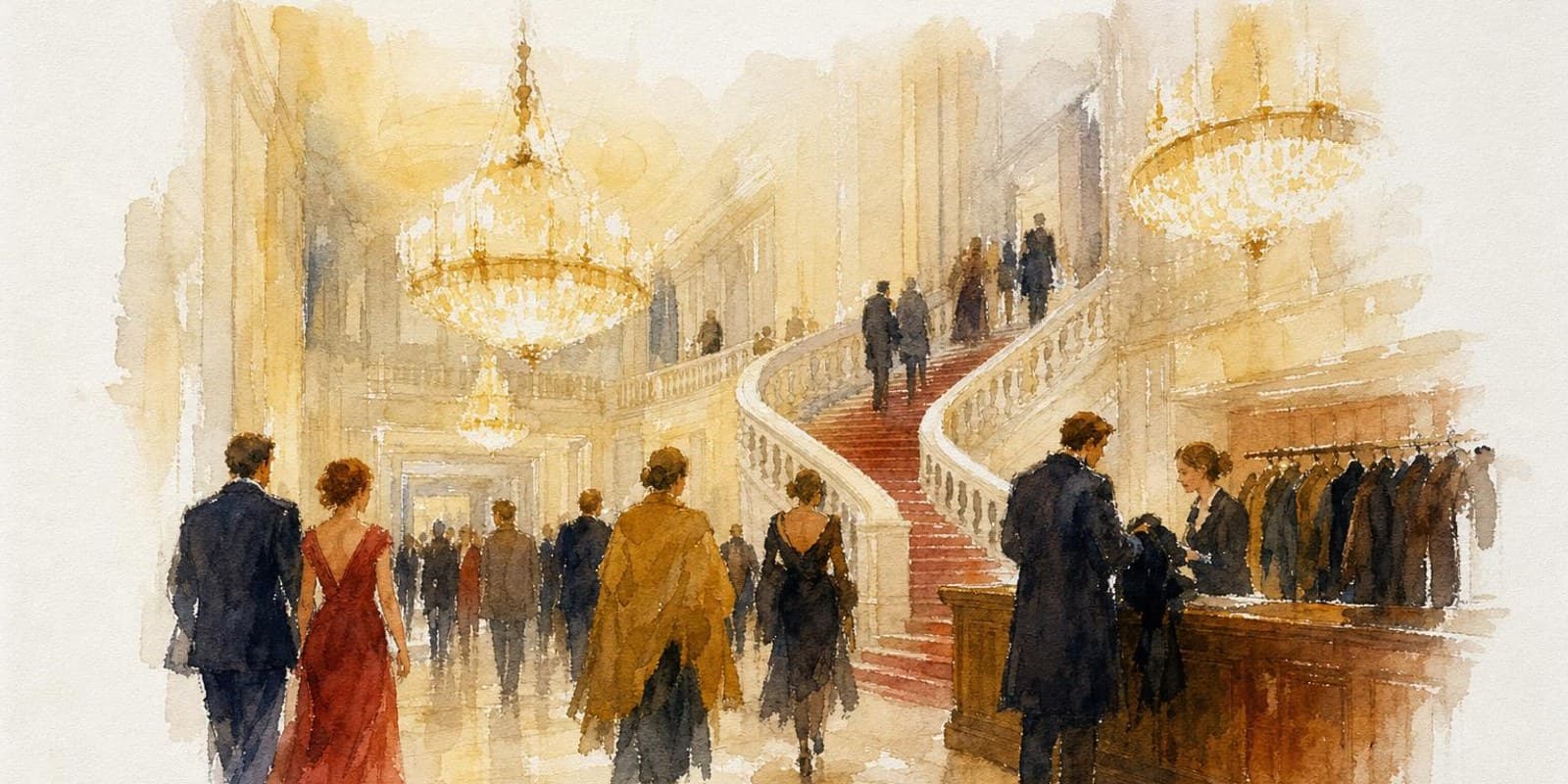 Aquarell: Konzertbesucher in unterschiedlicher Garderobe kommen im festlich beleuchteten Foyer eines Konzerthauses an.