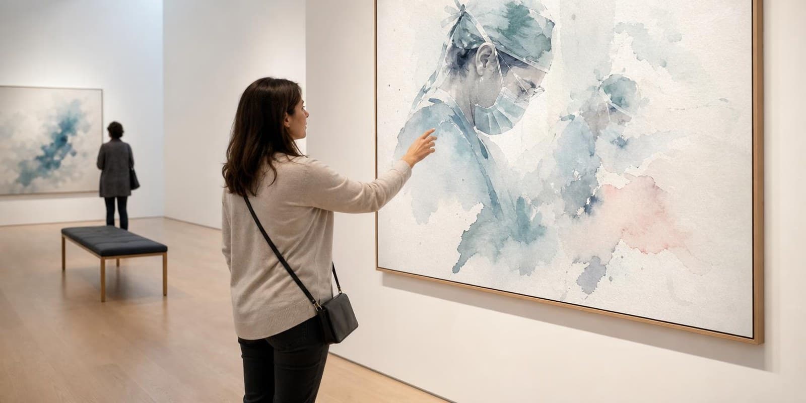 Aquarell: Besucherin steht vor einem grossen Gemaelde und faehrt mit der Hand eine Blicklinie nach.