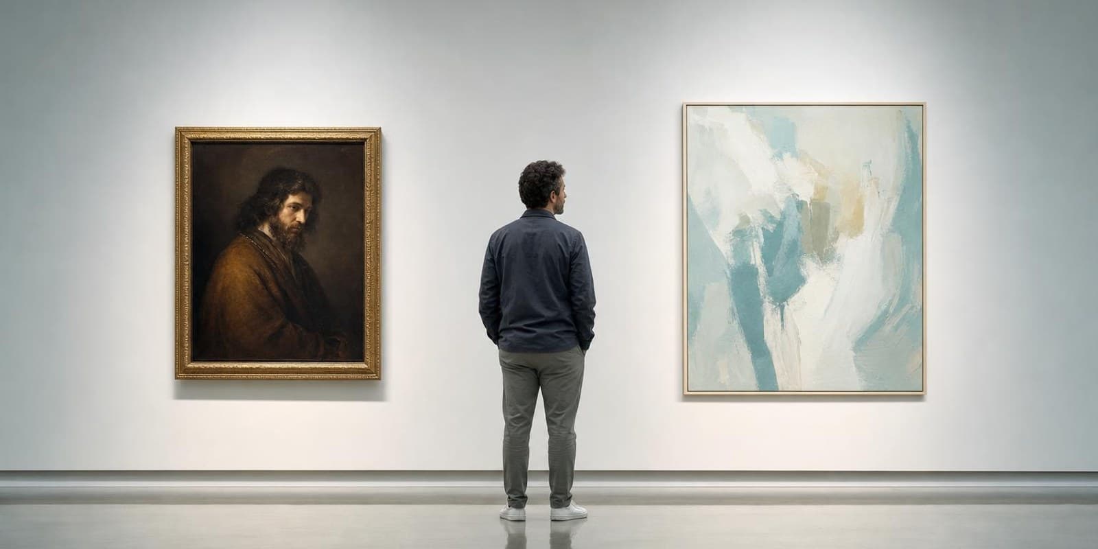 Aquarell: Ein Mann steht im Museum zwischen einem dunklen alten Portraet und einem hellen modernen Gemaelde und vergleicht beide.