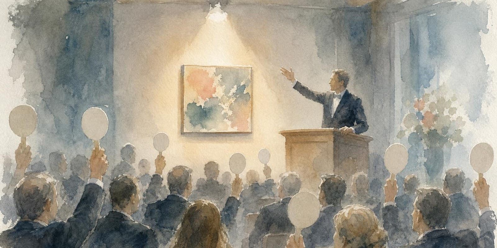 Aquarell: Auktionssaal mit erhobenen Bieterkellen vor einem kleinen abstrakten Gemaelde im Scheinwerferlicht.