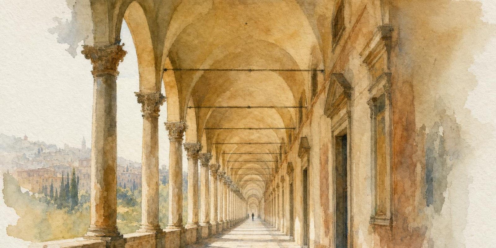 Aquarell: Ein langer Renaissance-Saeulengang laeuft in perfekter Zentralperspektive auf eine ferne Person zu.