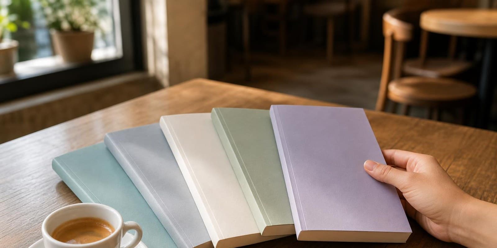 Aquarell: fuenf schmale Buecher liegen aufgefaechert neben einer Espressotasse.