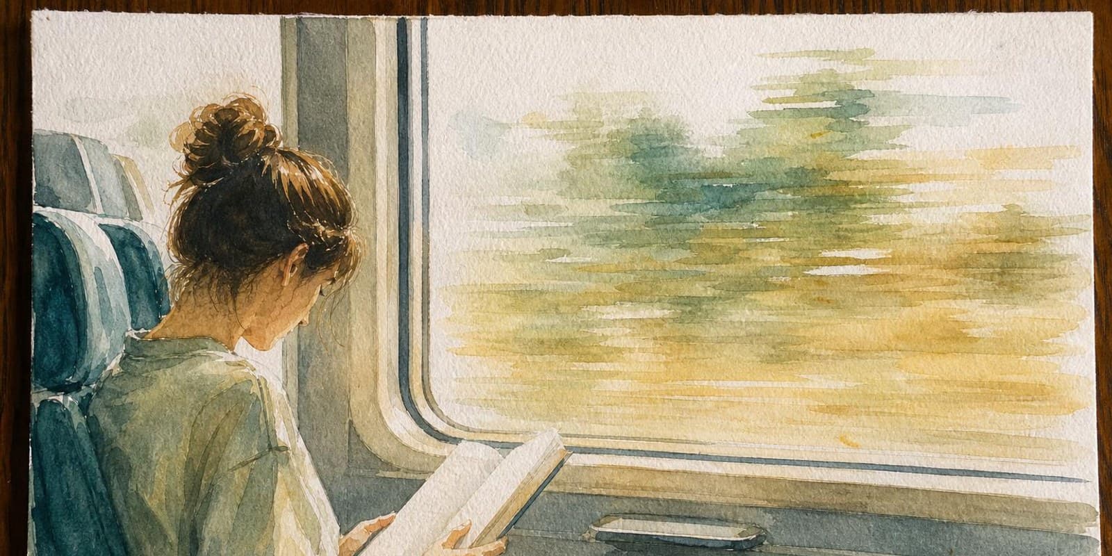 Aquarell: Zugreisende liest ein schmales Buch, draussen verwischt die Landschaft.