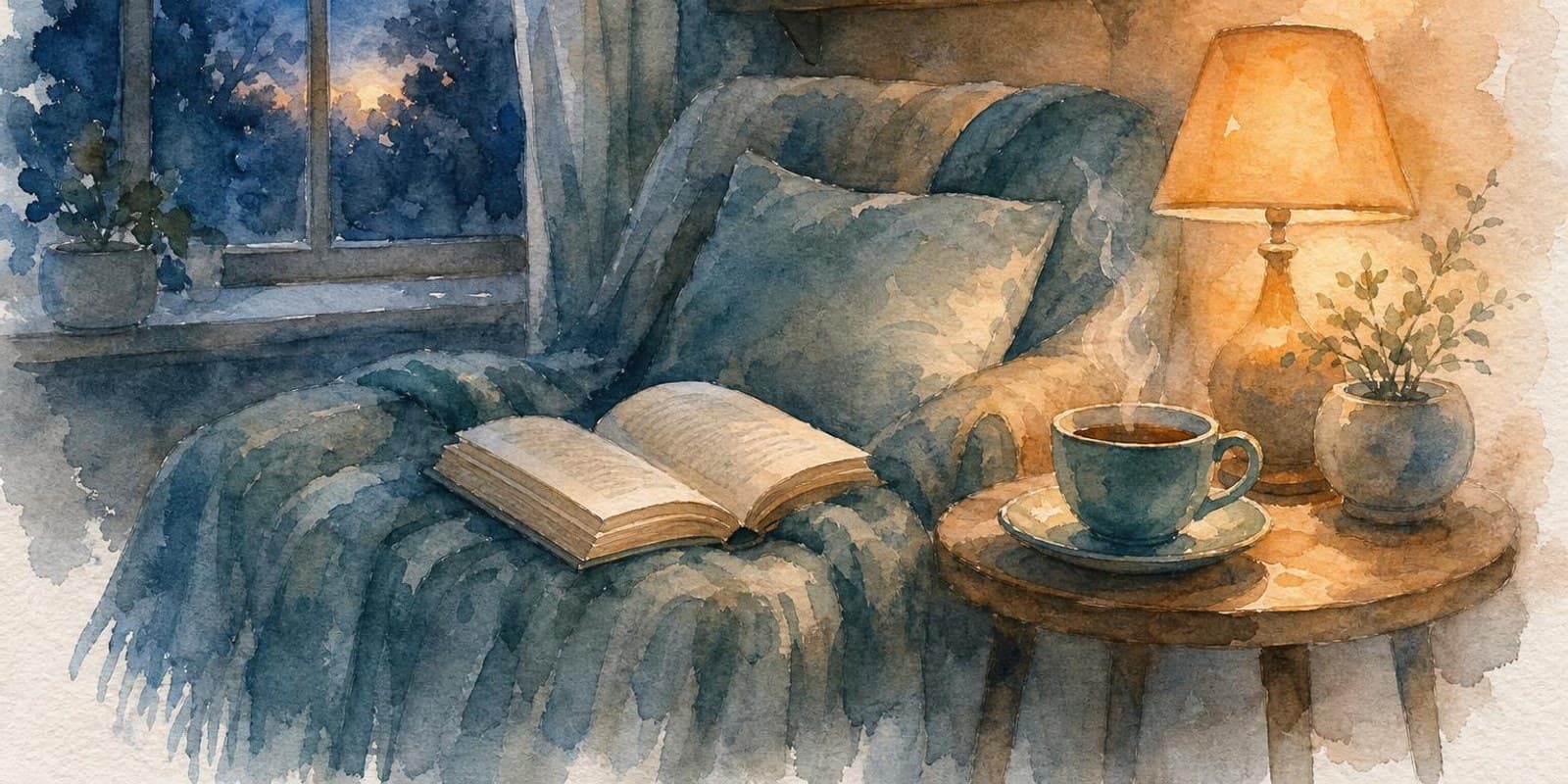 Aquarell: gemuetliche Leseecke am Abend mit offenem Buch, Tee und warmem Lampenlicht.