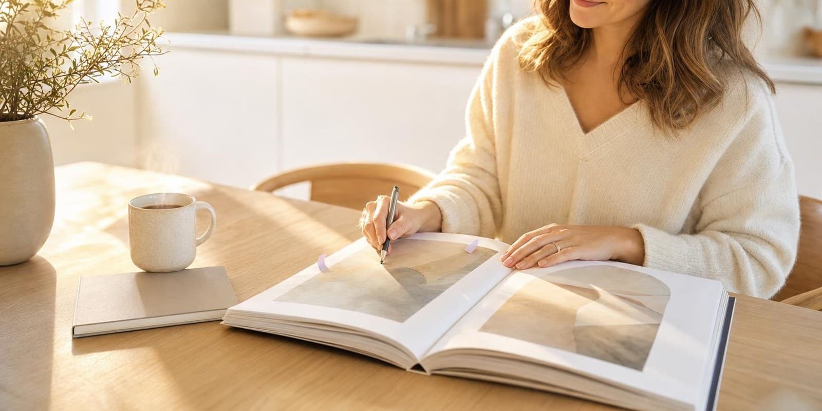 Aquarell: Eine Frau blaettert beim Morgenkaffee in einem grossen Kunstkatalog und plant ihren Ausstellungsbesuch.