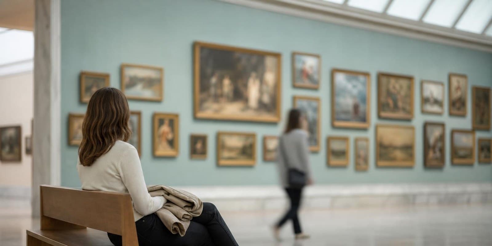 Aquarell: Besucherin sitzt entspannt auf einer Museumsbank, hinter ihr verschwimmt die Bilderwand.
