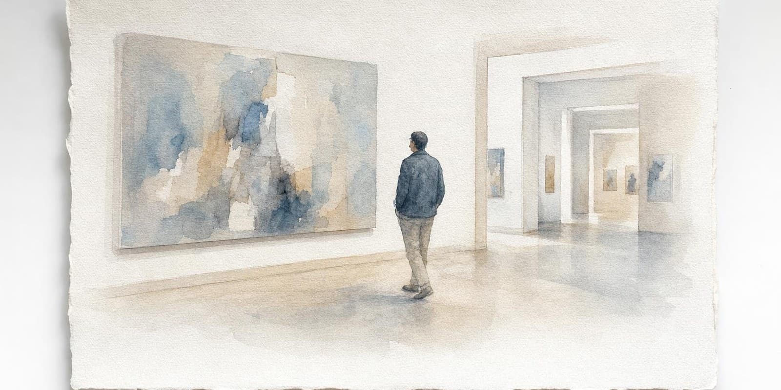 Aquarell: Ein Besucher schlendert entspannt durch einen hellen Museumssaal und bleibt vor einem Gemaelde stehen.