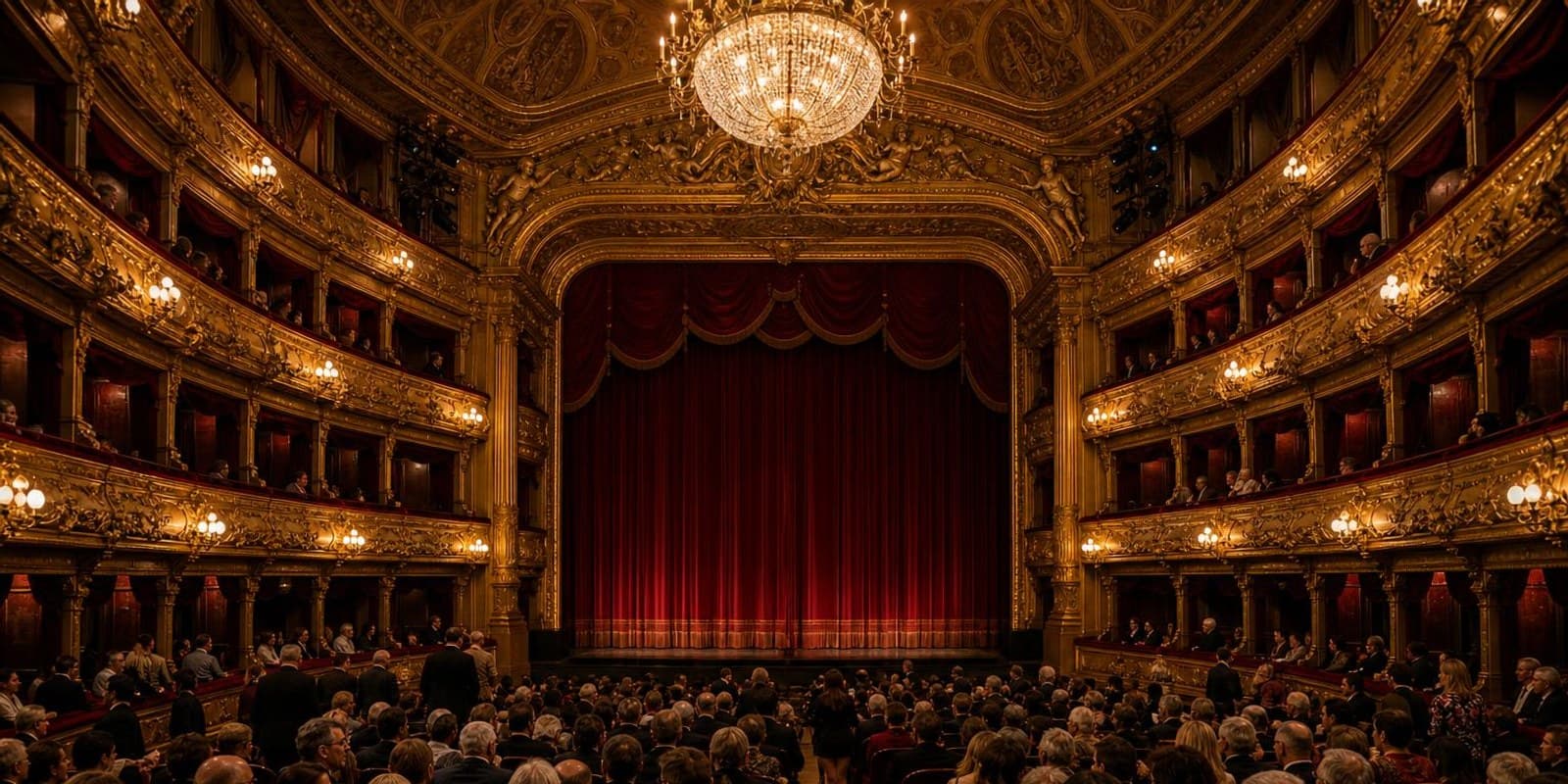 Aquarell: Zuschauerraum eines Theaters fuellt sich vor dem geschlossenen Vorhang.