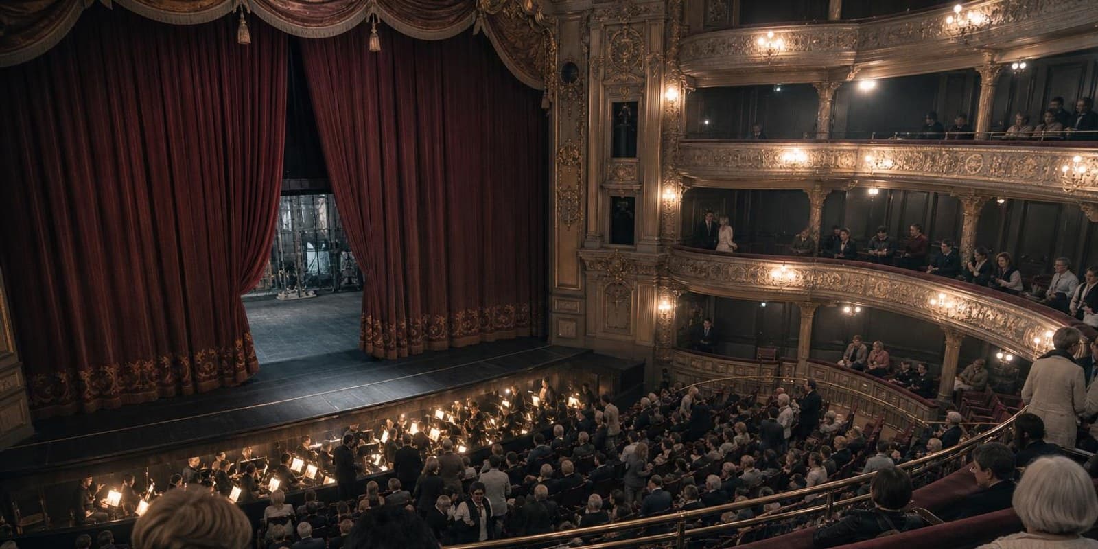 Aquarell: Blick vom Rang in einen Theatersaal mit halb geoeffnetem Vorhang und beleuchtetem Orchestergraben.