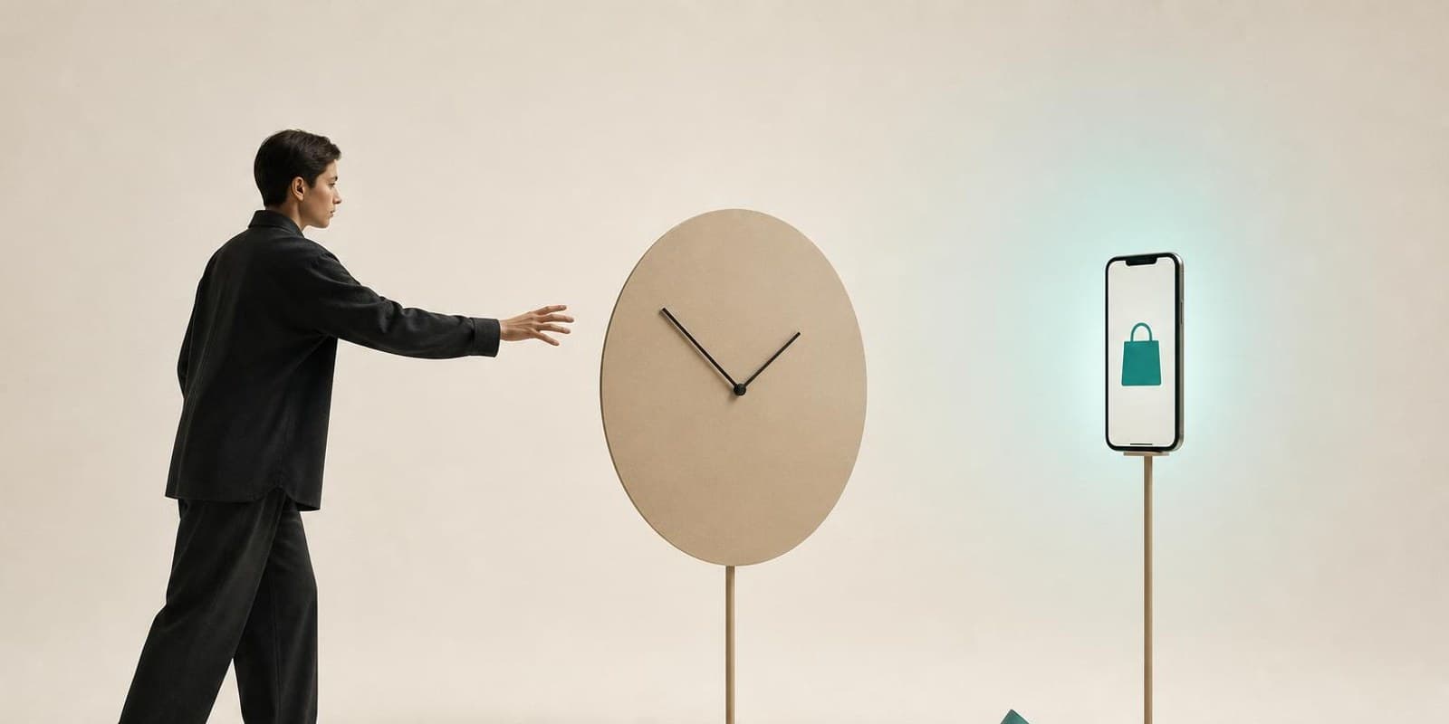 Illustration: Eine Figur greift zum Handy mit Einkaufstasche, eine grosse Uhr steht als Bremse dazwischen.
