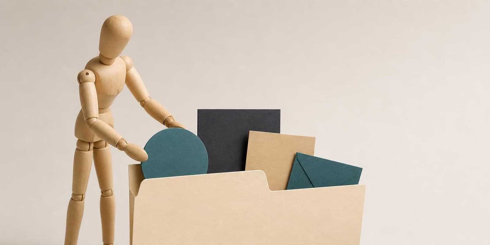 Illustration: Figur ordnet abstrakte Konto-Symbole in einen grossen Ordner, daneben ein Schluessel.