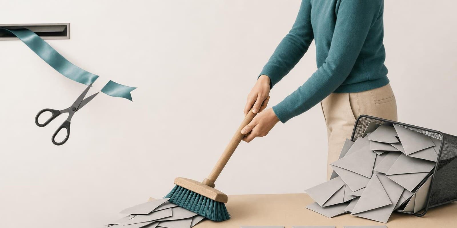 Illustration: Eine Person fegt einen Berg grauer Briefumschlaege aus einem uebervollen Posteingang, drei bleiben ordentlich liegen.