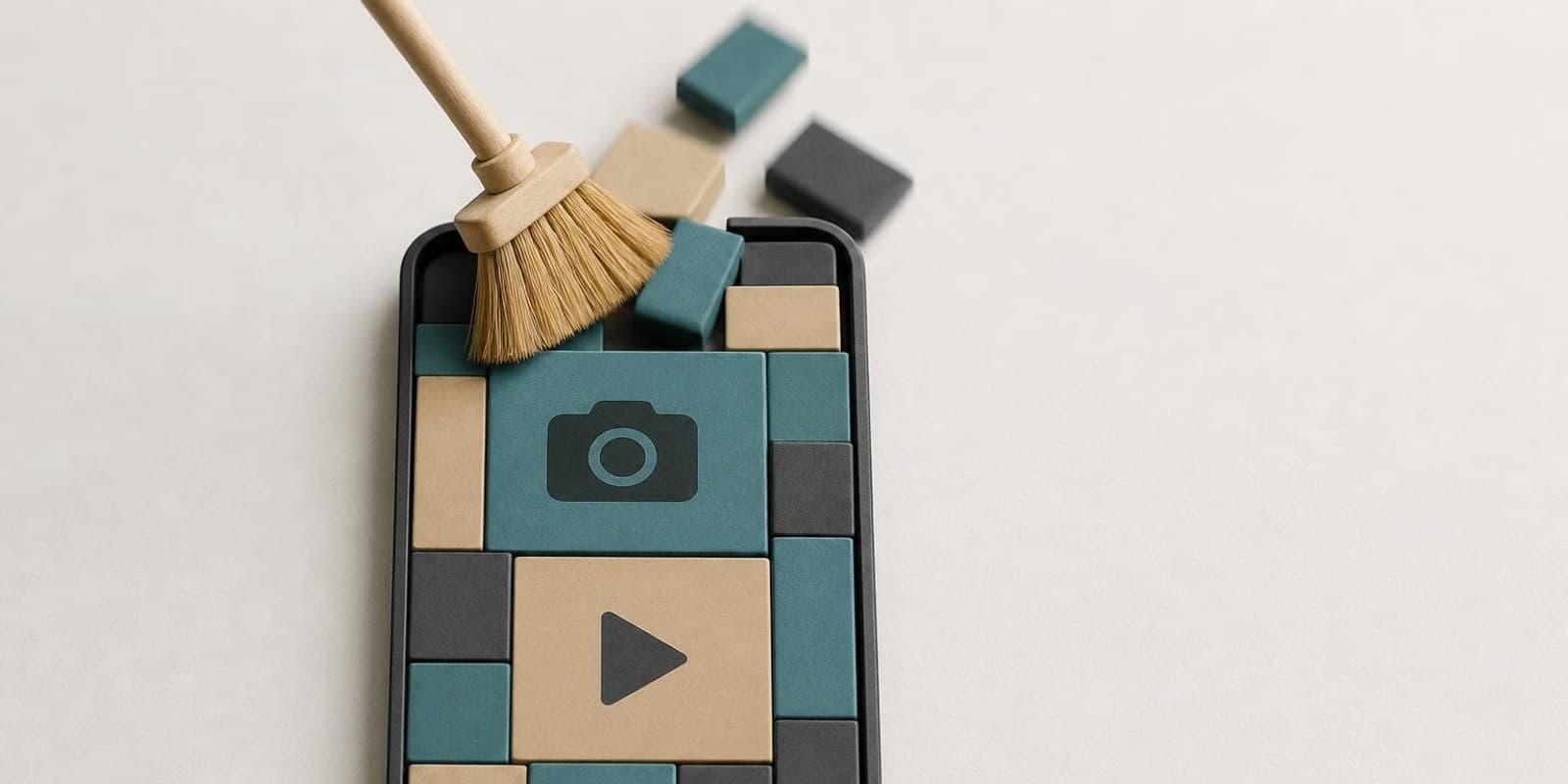 Illustration: Ein Handy ist bis oben mit Bloecken gefuellt, ein Besen fegt Foto- und Videobloecke heraus.