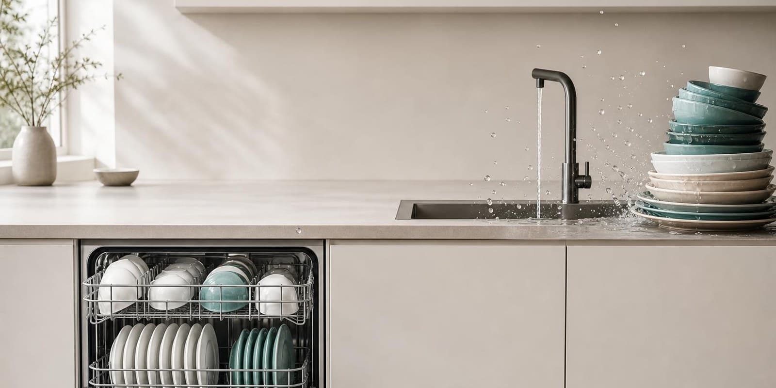 Illustration: Spuelmaschine und Spuelbecken stehen sich gegenueber, Wassertropfen zaehlen den Verbrauch.
