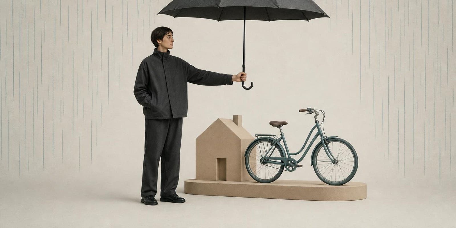 Illustration: Figur haelt einen grossen Schirm ueber Haus und Fahrrad im Regen.