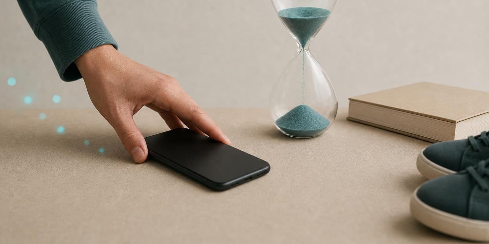 Illustration: Eine Figur legt das Handy mit dem Display nach unten ab, daneben laeuft eine Sanduhr.