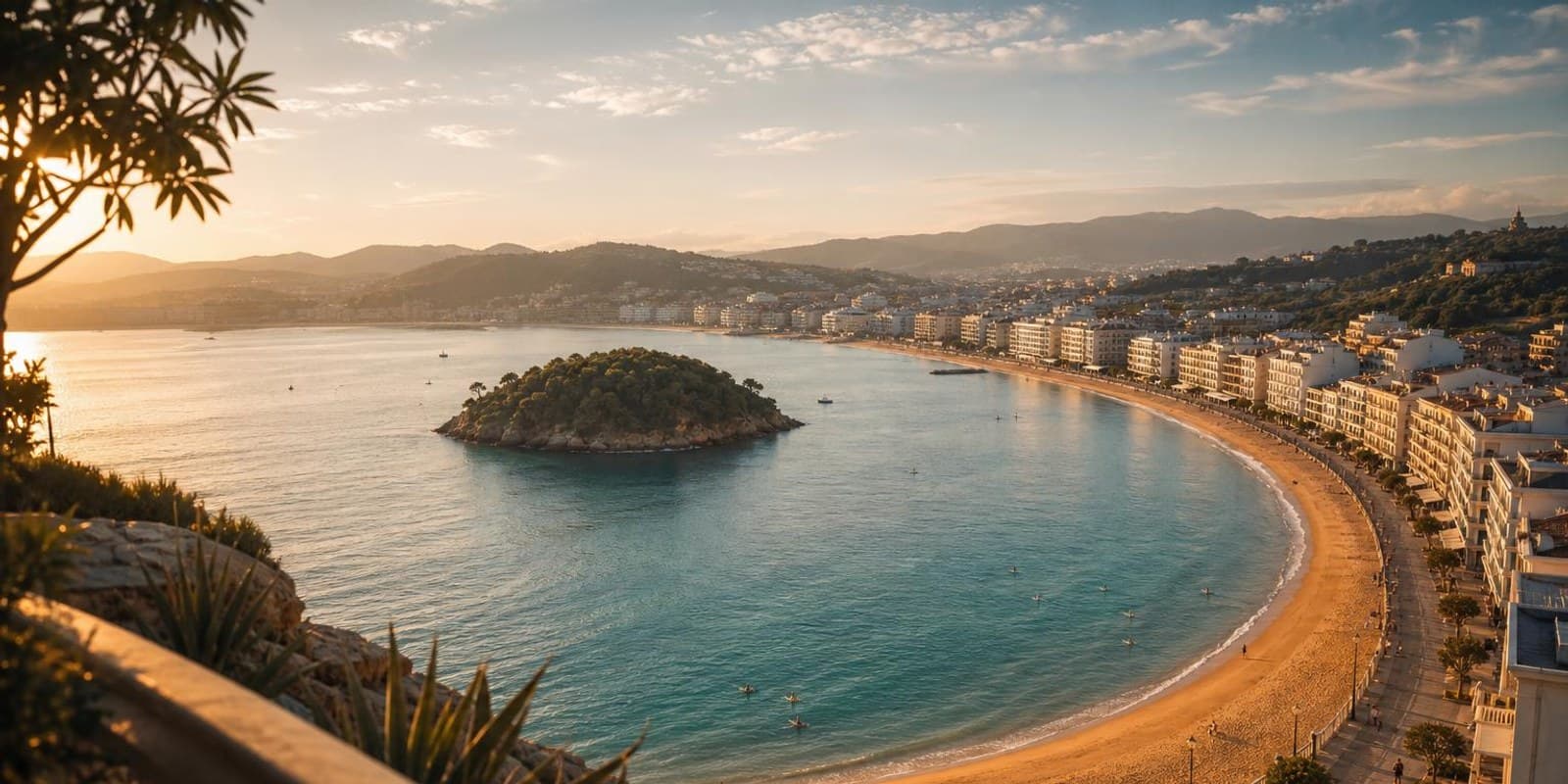 Blick von oben auf die halbrunde Bucht von San Sebastian mit Stadtstrand und Insel.
