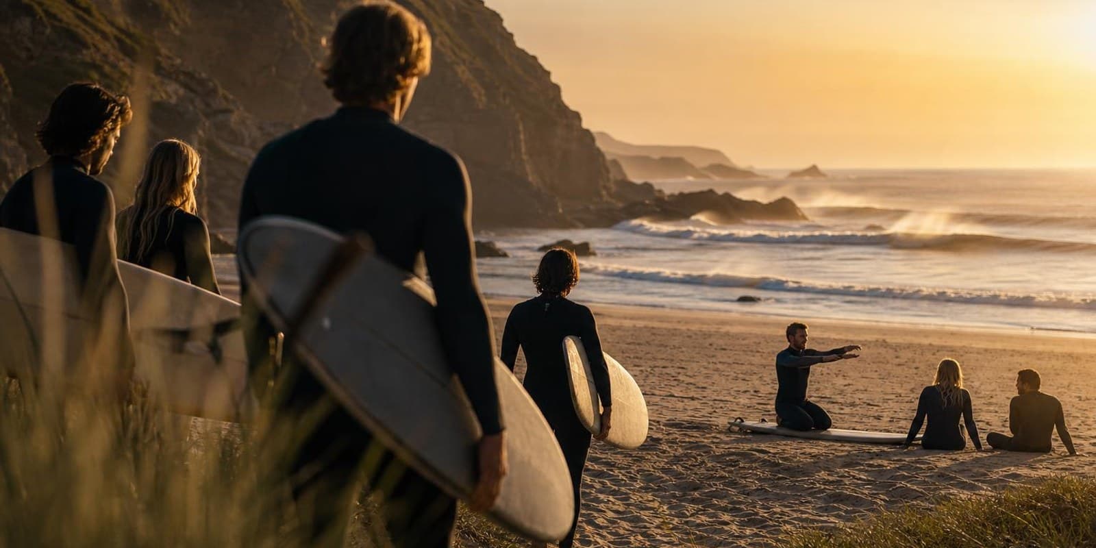 Surfanfaenger tragen ihre Boards zum Strand unterhalb der Klippen von Biarritz.