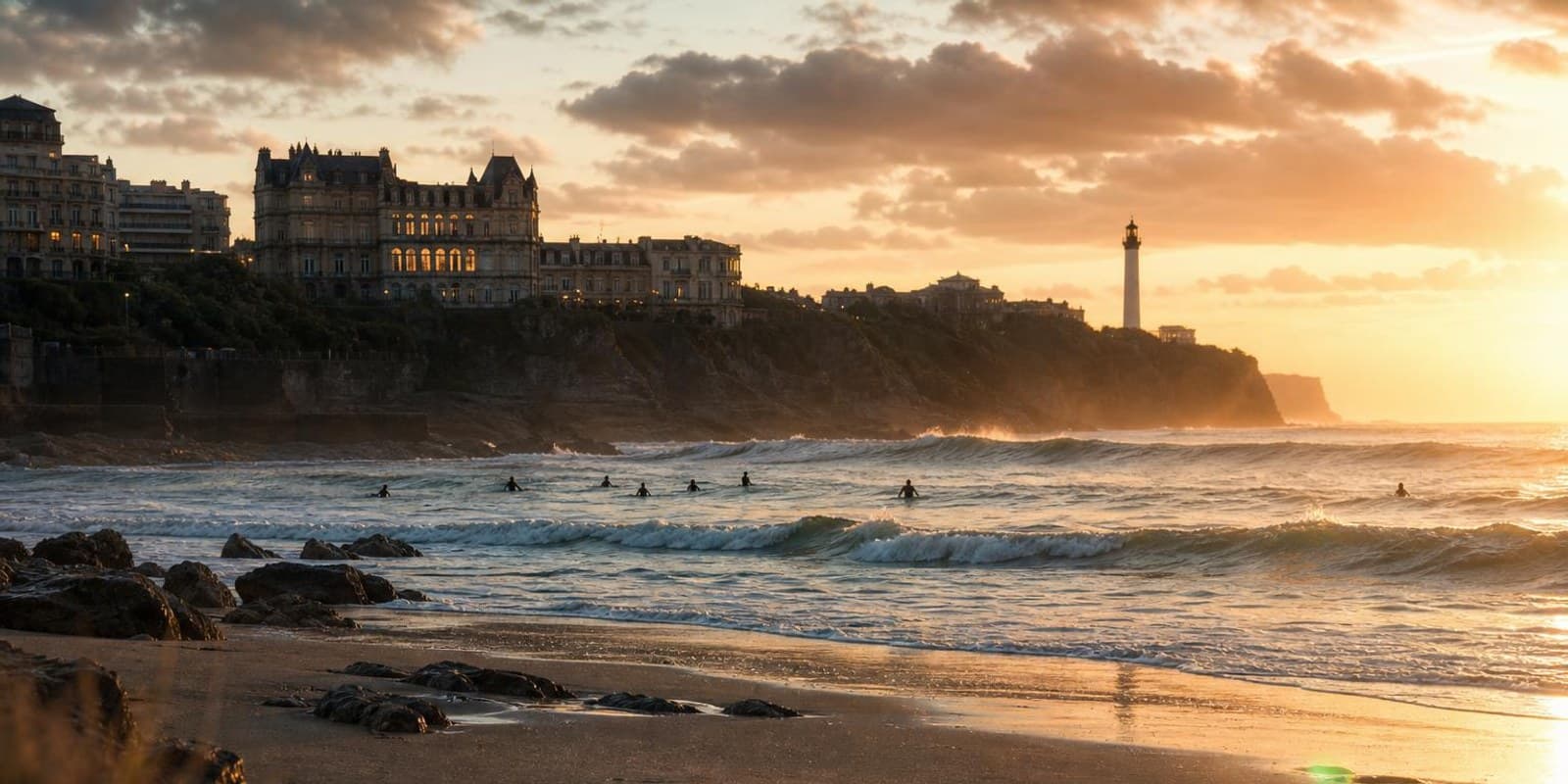 Grosser Strand von Biarritz mit Surfern, Belle-Epoque-Villen und Leuchtturm im Abendlicht.