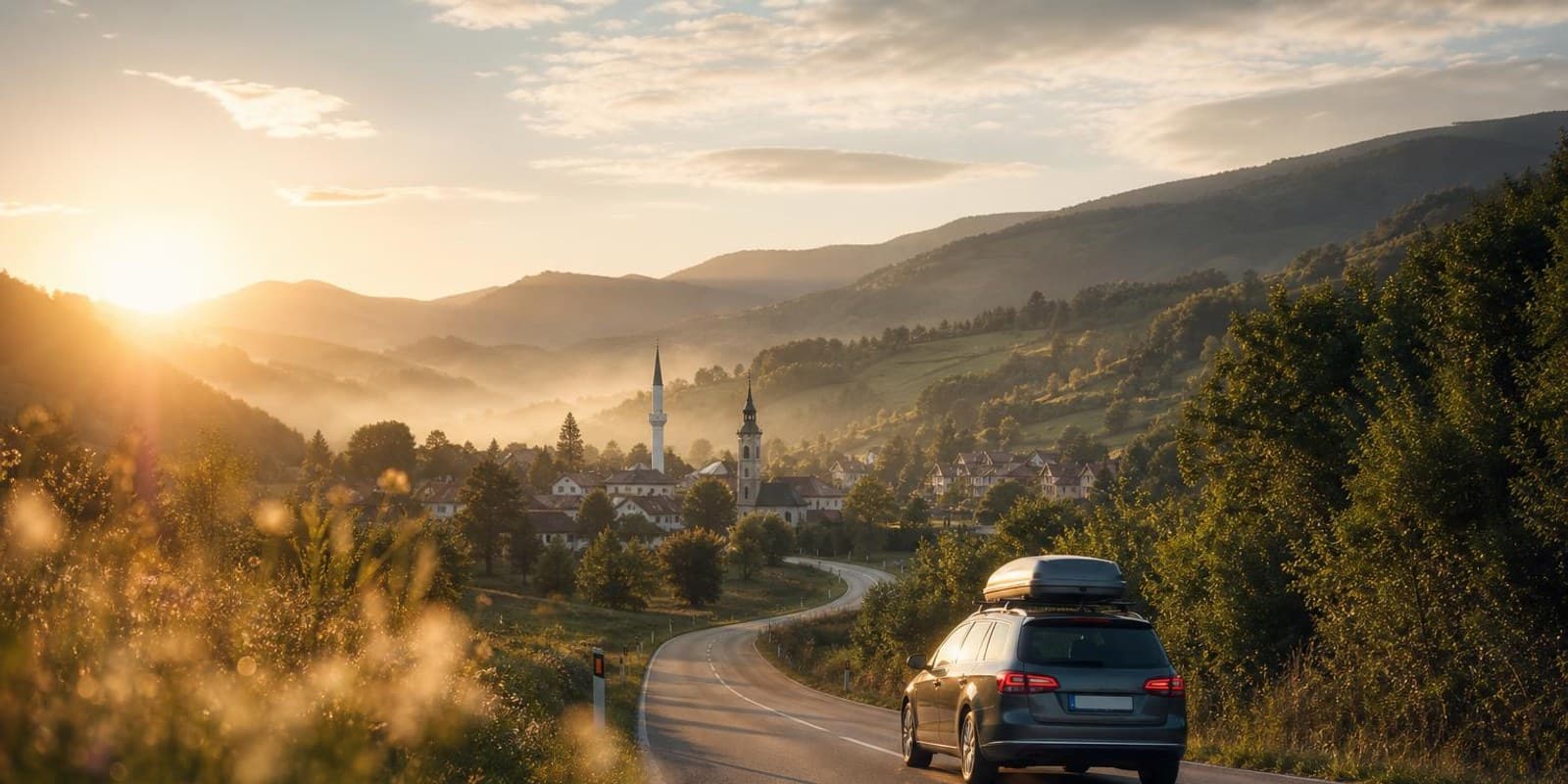 Landstrasse windet sich durch gruene bosnische Huegel auf ein Dorf mit Minarett und Kirchturm zu.