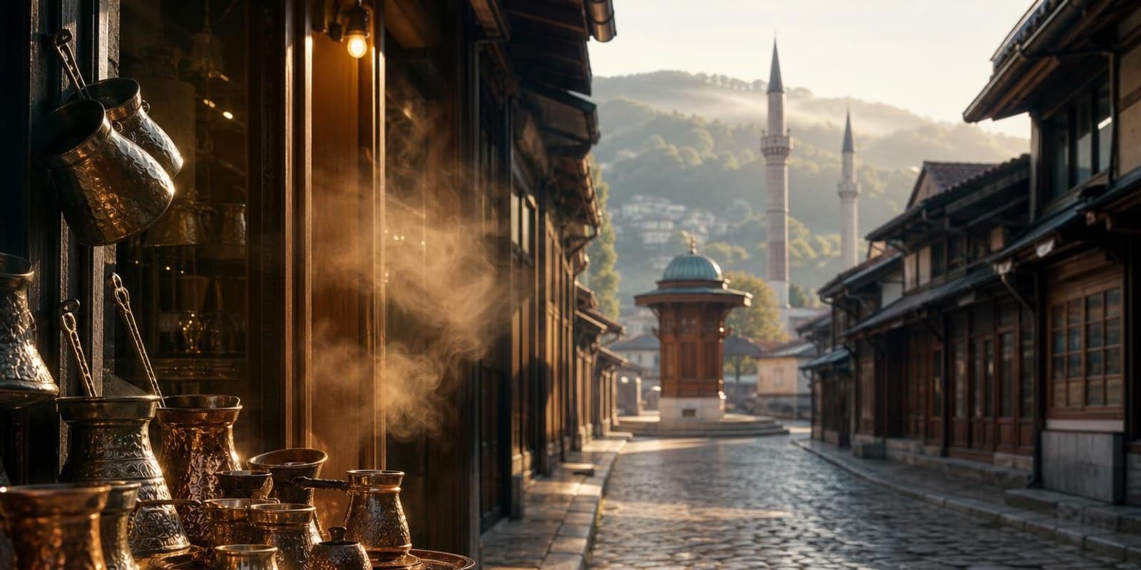 Gasse im Basarviertel von Sarajevo mit Kupferkannen vor den Laeden und gruenen Huegeln dahinter.