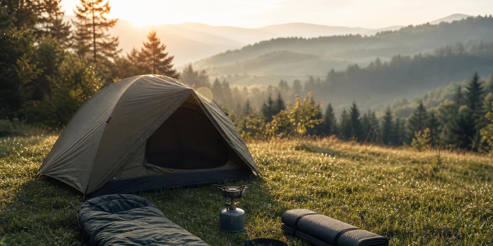 Uebersichtlich ausgelegte Camping-Grundausruestung auf einer Wiese am Morgen.