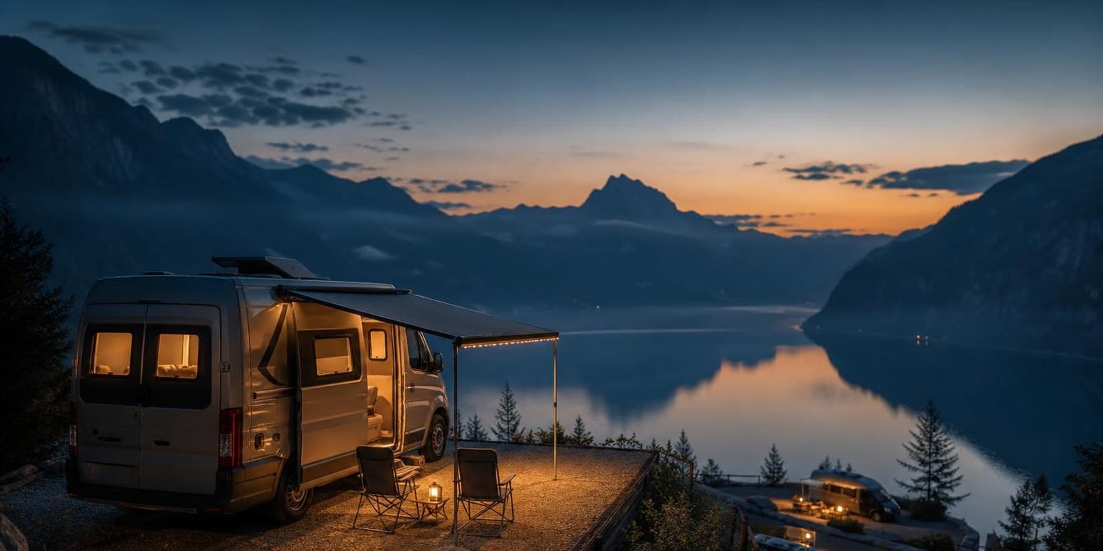 Campervan auf einem Stellplatz mit Blick auf einen See in der Abenddaemmerung.