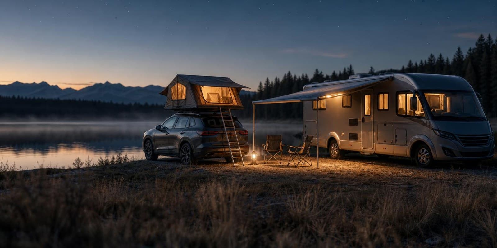 Auto mit aufgeklapptem Dachzelt steht auf dem Campingplatz direkt neben einem grossen Wohnmobil.