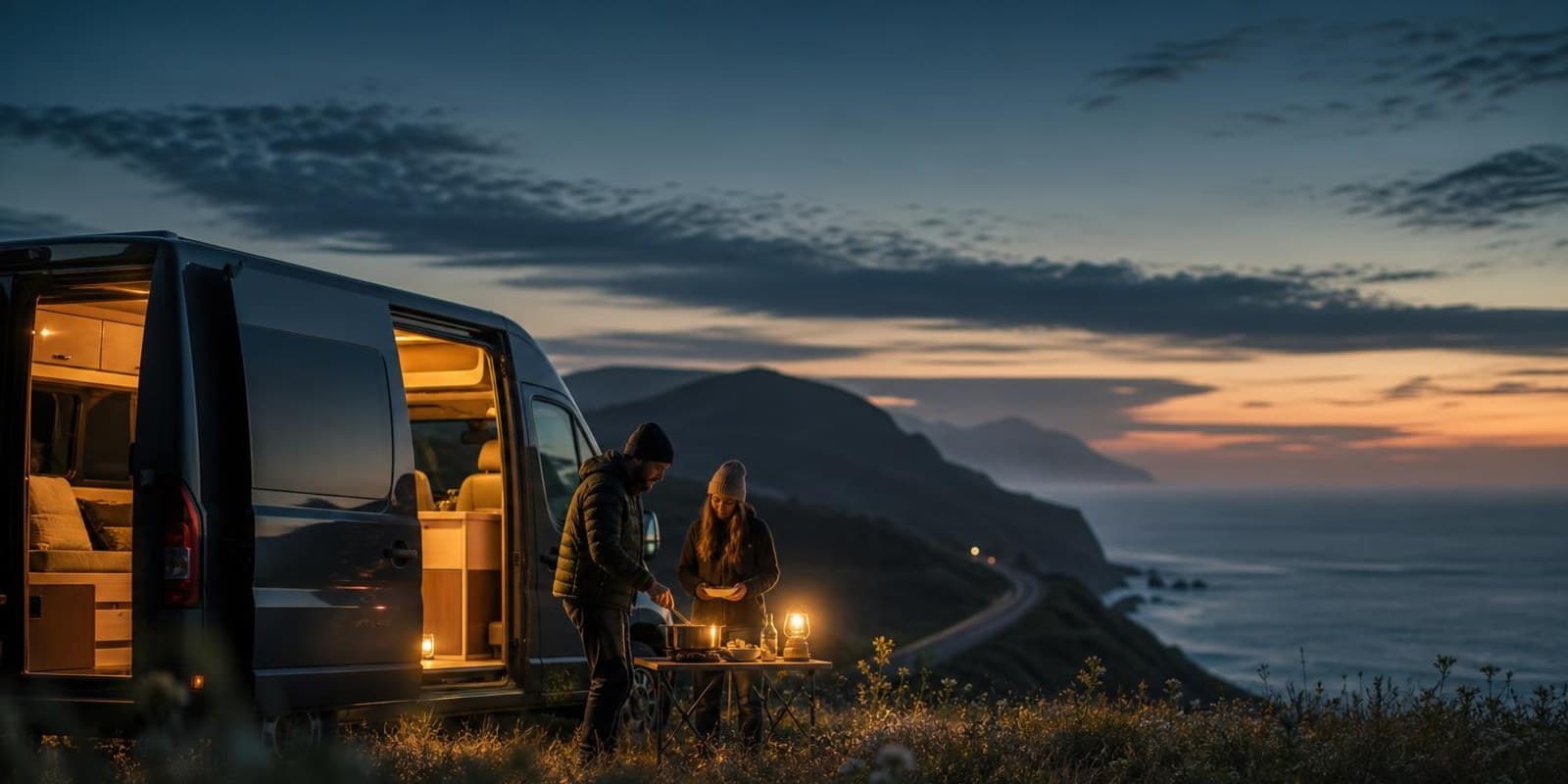 Campervan mit offener Tuer und warmem Licht am Abend an einer Kuestenwiese.
