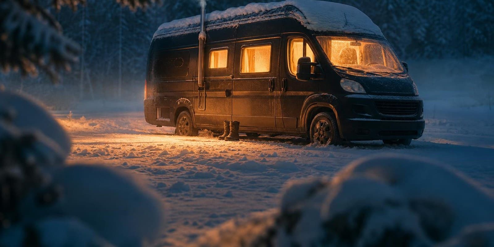 Campervan steht abends auf verschneitem Stellplatz, die Fenster leuchten warm aus dem Innern.