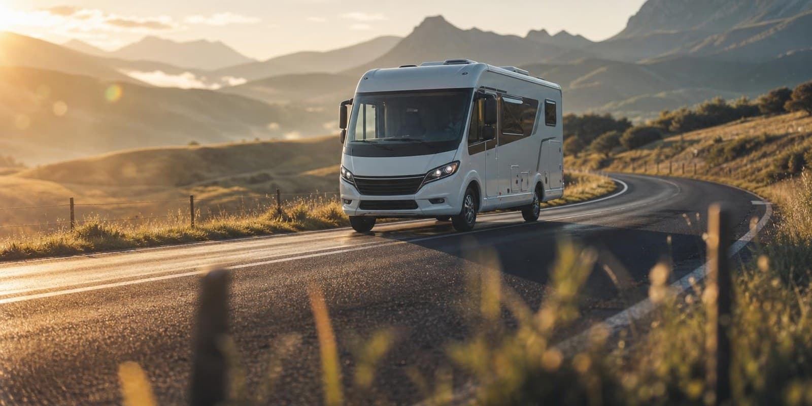 Wohnmobil faehrt am Morgen ueber eine leere Landstrasse durch huegelige Landschaft.