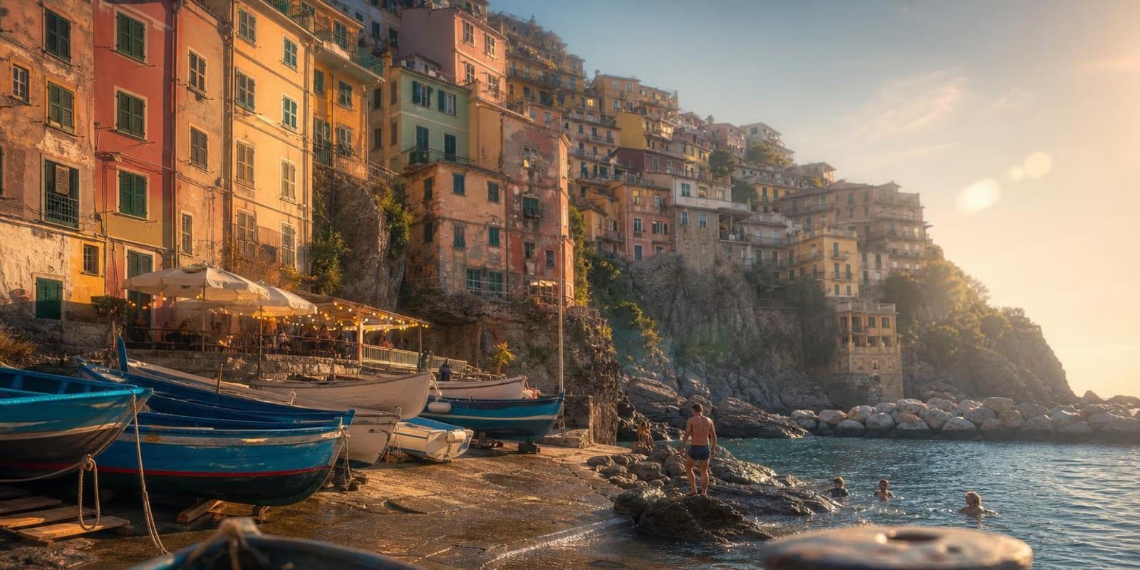 Kleiner Naturhafen eines Cinque-Terre-Dorfs mit bunten Haeusern und Fischerbooten.